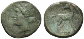 Bruttium, Carthaginian occupation, c. 215-205 BC. Æ (23mm, 8.29g, 6h). Wreathed head of Tanit-Demeter l. R/ Horse standing r., head reverted. HNItaly ...