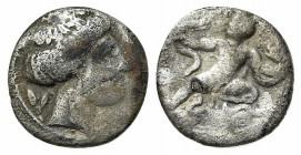 Bruttium, Kroton, c. 400-325 BC. AR Triobol (11mm, 1.02g, 6). Female head r.; olive-spray behind. R/ Infant Herakles strangling serpents. HNItaly 2158...