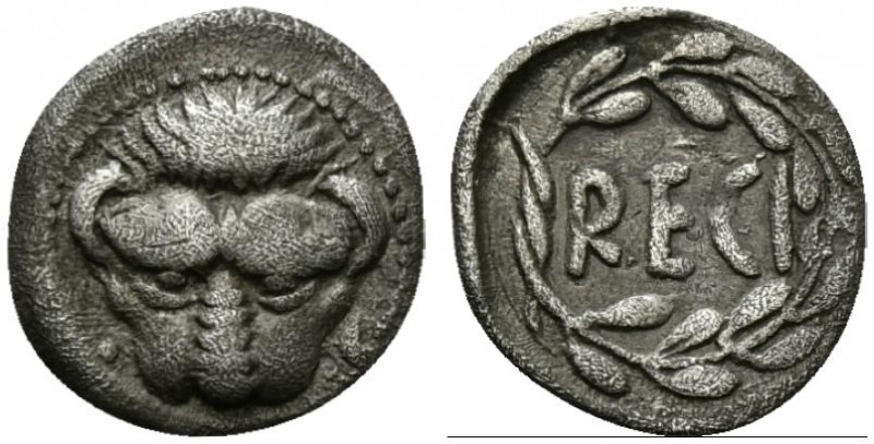 Bruttium, Rhegion, c. 445-435 BC. AR Litra (12mm, 0.65g, 6h). Facing lion’s scal...