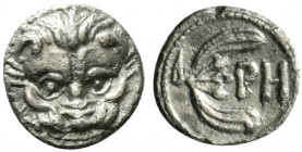 Bruttium, Rhegion, c. 415/0-387 BC. AR Litra (9mm, 0.67g, 9h). Facing lion’s head. R/ PH within olive sprig. HNItaly 2499; SNG ANS 670-4. Good VF