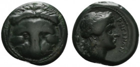 Bruttium, Rhegion, c. 351-280 BC. Æ (21.5mm, 9.32g, 11h). Facing lion’s mask. R/ Laureate head of Apollo r.; amphora behind. HNItaly 2534a; cf. SNG AN...