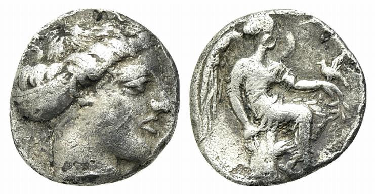 Bruttium, Terina, c. 420-400 BC. AR Triobol (11mm, 1.19g, 9h). Head of nymph r.,...