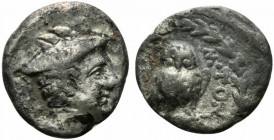 South Italy, Uncertain Hellenistic issue(?). AR Hemidrachm (15mm, 2.05g, 9h). Head of Hermes/Mercury r., wearing petasus. R/ […]M•TON, Owl standing fa...