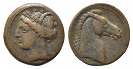 Carthaginian Domain, Sardinia, c. 264-241 BC. Æ (19mm, 4.66g, 12h). Wreathed head of Kore-Tanit l. R/ Head of horse r. Piras 1; SNG Copenhagen (Africa...