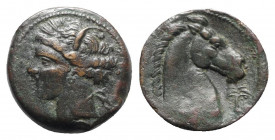 Carthaginian Domain, Sardinia, c. 264-241 BC. Æ (20mm, 4.56g, 11h). Wreathed head of Kore-Tanit l. R/ Head of horse r.; palm-tree before. Piras 21; SN...