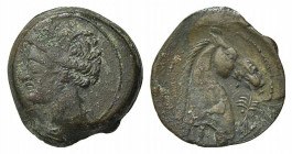 Carthaginian Domain, Sardinia, c. 264-241 BC. Æ (20mm, 5.28g, 5h). Wreathed head of Kore-Tanit l. R/ Head of horse r.; palm-tree before. Piras 21; SNG...