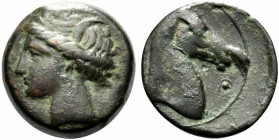 Carthaginian Domain, Sardinia, c. 300-264 BC. Æ (16.5mm, 2.65g, 9h). Head of Tanit l. R/ Horse’s head r.; pellet in crescent to r. Piras 36; SNG Copen...