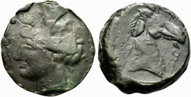 Carthaginian Domain, Sardinia, c. 300-264 BC. Æ (14.5mm, 4.47g, 12h). Head of Tanit l. R/ Horse’s head r.; caduceus to r. Piras 41; SNG Copenhagen 172...