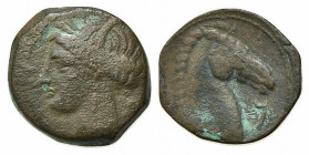 Carthaginian Domain, Sardinia, c. 300-264 BC. Æ (19.5mm, 5.10g, 10h). Wreathed head of Kore-Tanit l. R/ Head of horse r., letter before. Piras 44; SNG...