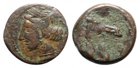Carthaginian Domain, Sardinia, c. 300-264 BC. Æ (20mm, 4.53g, 1h). Head of Tanit l. R/ Horse’s head r.; letter to r. Piras 48; SNG Copenhagen 162-3, 1...
