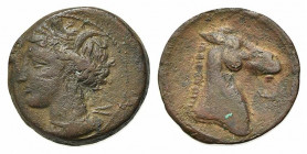 Carthaginian Domain, Sardinia, c. 264-241 BC. Æ (19.5mm, 4.18g, 6h). Wreathed head of Tanit l. R/ Head of horse r.; letter before. Piras 65; SNG Copen...