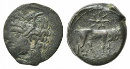 Carthaginian Domain, Sardinia, c. 216 BC. Æ (18.5mm, 4.70g, 4h). Wreathed head of Kore-Tanit l. R/ Bull standing r.; star above. Piras 186; cf. SNG Co...