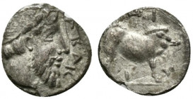 Sicily, Abakainon, c. 450-400 BC. AR Litra (11mm, 0.47g, 3h). Bearded male head r. R/ Sow standing r. HGC 2, 3-4. VF