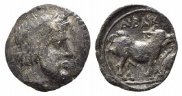 Sicily, Abakainon, c. 420-400 BC. AR Litra (11.5mm, 0.48g, 11h). Laureate male head r. R/ Boar standing r.; acorn to r. HGC 2, 16. Good Fine