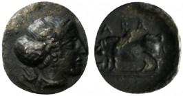 Sicily, Abakainon, c. 420-400 BC. AR Hemilitron (10mm, 0.55g, 12h). Head of a nymph r., wearing sphendone and necklace; behind, bunch of grapes. R/ Bo...