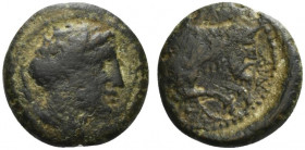 Sicily, Abakainon, c. 339-317 BC. Æ Litra (20mm, 7.35g, 6h). Head of nymph r., hair in ampyx and sphendone. R/ Forepart of man-headed bull r. Campana ...