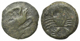 Sicily, Akragas, c. 415-406 BC. Æ Hemilitron (27.5mm, 16.35g, 4h). Eagle standing r. on tunny. R/ Crab; conch shell and octopus below, six pellets aro...