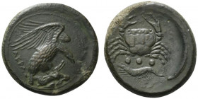 Sicily, Akragas, c. 425-406 BC. Æ Tetras (23mm, 10.99g, 9h). Eagle standing r. on hare, head lowered, wings spread. R/ Crab; below, three pellets and ...