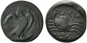 Sicily, Akragas, c. 420-406 BC. Æ Hemilitron (27.5mm, 21.21g, 3h). Eagle standing r. on tunny. R/ Crab; conch shell and octopus below, six pellets aro...