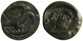 Sicily, Akragas, c. 420-406 BC. Æ Hexas (18mm, 7.63g, 6h). Eagle standing r. on serpent. R/ Crab; two pellets flanking, two pellets above, two fish be...