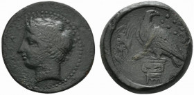 Sicily, Akragas, c. 400-380 BC. Æ Hemilitron (26mm, 16.95g, 6h). Diademed head of river-god l. R/ Eagle standing l. on Ionic column, head r.; crab to ...
