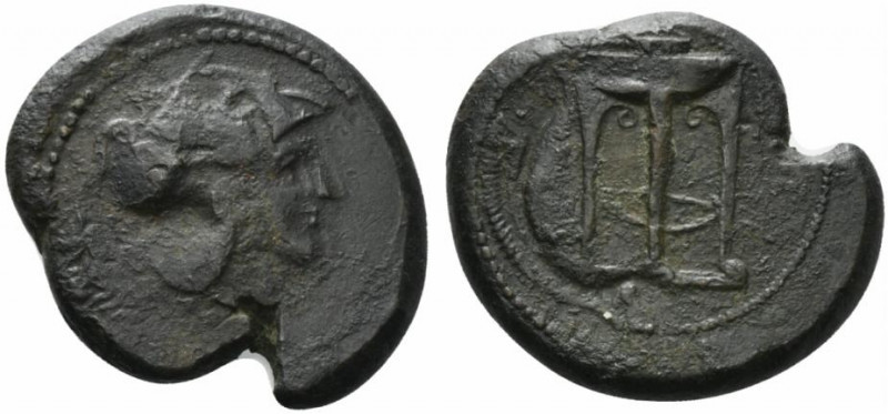 Sicily, Ameselon, c. 340-330 BC. Æ Hemilitron (29mm, 16.70g, 5h). Helmeted head ...