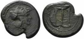 Sicily, Ameselon, c. 340-330 BC. Æ Hemilitron (29mm, 16.70g, 5h). Helmeted head of Athena r. R/ Tripod. Campana 1; CNS III, 1; HGC 2, 224. Rare, some ...