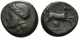 Sicily, Entella. Campanian mercenaries, c. 307-305 BC. Æ (19mm, 6.50g, 11h). Bearded male head l., wearing Campanian helmet decorated with wreath. R/ ...