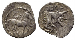 Sicily, Gela, c. 465-450 BC. AR Litra (12mm, 0.43g, 4h). Horse advancing r.; wreath above. R/ Forepart of man-headed bull r. Jenkins, Gela, Group III;...