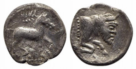 Sicily, Gela, c. 465-450 BC. AR Litra (10.5mm, 0.75g, 6h). Horse advancing r.; wreath above. R/ Forepart of man-headed bull r. Jenkins, Gela, Group II...