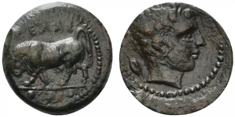 Sicily, Gela, c. 420-405 BC. Æ Tetras (17mm, 3.69g, 6h). Bull standing l., head ...