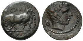 Sicily, Gela, c. 420-405 BC. Æ Tetras (17mm, 3.69g, 6h). Bull standing l., head lowered; three pellets in exergue. R/ Head of horned river god r., wea...