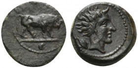 Sicily, Gela, c. 420-405 BC. Æ Onkia (11mm, 1.24g, 3h). Bull standing r.; barley grain or leaf above. R/ Horned head of Gelas r.; barley grain to l. C...
