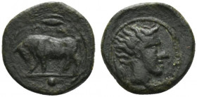 Sicily, Gela, c. 420-405 BC. Æ Onkia (12mm, 1.14g, 1h). Bull standing l.; barley-grain above. R/ Horned head of Gelas r.; barley-grain behind. CNS III...