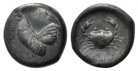 Sicily, Himera, c. 483-472 BC. AR Didrachm (19.5mm, 8.24g, 4h). Cock standing l. R/ Crab. SNG ANS 163; HGC 2, 438. Near VF