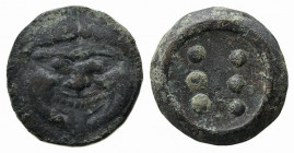 Sicily, Himera, c. 430-420 BC. Æ Hemilitron (27.5mm, 26.46g). Facing gorgoneion with protruding tongue and furrowed cheeks. R/ Six pellets. CNS I, 20;...