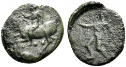 Sicily, Himera, c. 425-409 BC. Æ Tetras (14mm, 1.84g, 11h). Nude rider on a goat l., blowing into conch; three pellets below. R/ Nike advancing l., ho...