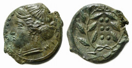 Sicily, Himera, c. 420-407 BC. Æ Hemilitron (16.5mm, 4.72g, 7h). Head of nymph l.; six pellets before. R/ Six pellets within wreath. CNS I, 35; SNG AN...
