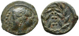 Sicily, Himera, c. 420-407 BC. Æ Hemilitron (17mm, 3.30g, 1h). Head of nymph l.; six pellets before. R/ Six pellets within wreath. CNS I, 35; SNG ANS ...