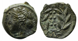 Sicily, Himera, c. 420-407 BC. Æ Hemilitron (16mm, 3.78g, 1h). Head of nymph l.; six pellets before. R/ Six pellets within wreath. CNS I, 35; SNG ANS ...