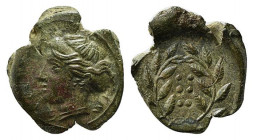 Sicily, Himera, c. 420-407 BC. Æ Hemilitron (17mm, 4.00g, 1h). Head of nymph l.; six pellets before. R/ Six pellets within wreath. CNS I, 35; SNG ANS ...