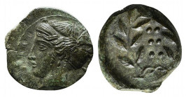 Sicily, Himera, c. 420-407 BC. Æ Hemilitron (16mm, 2.73g, 7h). Head of nymph l.; six pellets before. R/ Six pellets within wreath. CNS I, 35; SNG ANS ...