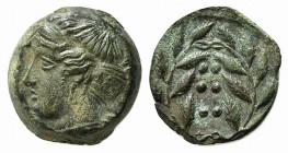 Sicily, Himera, c. 420-407 BC. Æ Hemilitron (15mm, 3.96g, 7h). Head of nymph l.; six pellets before. R/ Six pellets within wreath. CNS I, 35; SNG ANS ...