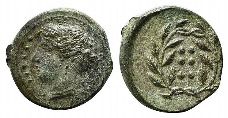 Sicily, Himera, c. 420-407 BC. Æ Hemilitron (17mm, 3.32g, 5h). Head of nymph l.;...