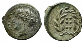 Sicily, Himera, c. 420-407 BC. Æ Hemilitron (17mm, 3.32g, 5h). Head of nymph l.; six pellets before. R/ Six pellets within wreath. CNS I, 35; SNG ANS ...