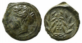 Sicily, Himera, c. 420-407 BC. Æ Hemilitron (18mm, 4.79g, 1h). Head of nymph l.; six pellets before. R/ Six pellets within wreath. CNS I, 35; SNG ANS ...