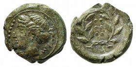Sicily, Himera, c. 420-407 BC. Æ Hemilitron (18.5mm, 5.33g, 6h). Head of nymph l.; six pellets before. R/ Six pellets within wreath. CNS I, 35; SNG AN...