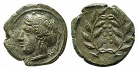 Sicily, Himera, c. 420-407 BC. Æ Hemilitron (17mm, 3.96g, 5h). Head of nymph l.; six pellets before. R/ Six pellets within wreath. CNS I, 35; SNG ANS ...