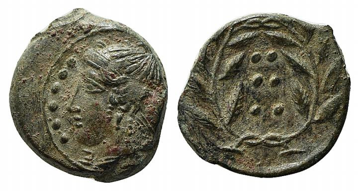 Sicily, Himera, c. 420-407 BC. Æ Hemilitron (15mm, 4.03g, 5h). Head of nymph l.;...