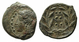 Sicily, Himera, c. 420-407 BC. Æ Hemilitron (15mm, 4.03g, 5h). Head of nymph l.; six pellets before. R/ Six pellets within wreath. CNS I, 35; SNG ANS ...
